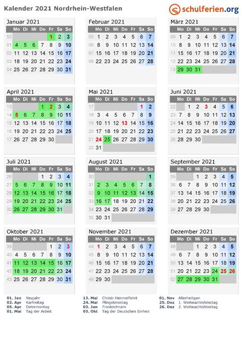 Dibawah ini adalah download pdf kalender pendidikan provinsi jawa tengah tahun pelajaran 2020/2021 jenjang sekolah/madrasah sd/mi, smp/mts, sma/ma, smk/mak sederajat. Kalender 2021 + Ferien Nordrhein-Westfalen, Feiertage in ...