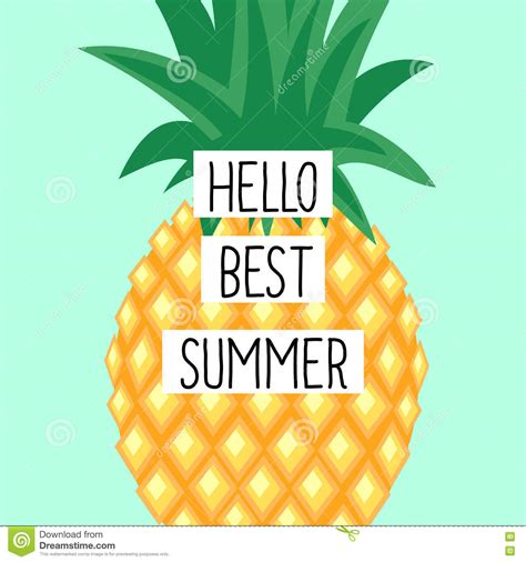 Hello Best Summer Card With Cute Pineapple Stock Vector Illustration