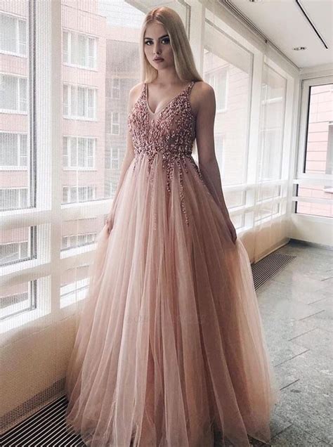A Line V Neck Long Pink Backless Prom Evening Dress With Beading Prom