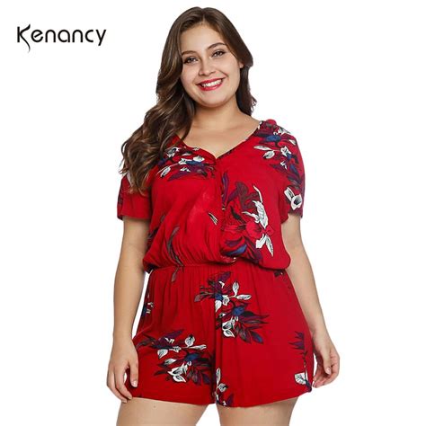 Kenancy Women Jumpsuits Overalls Plus Size Floral Print Romper Short Sleeves V Neck Playsuits