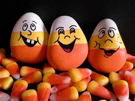 Halloween Painted Rocks Candy Corn Set Of 3 Silly Faces Etsy