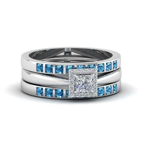 Princess Cut Square Halo Diamond Trio Wedding Ring Sets