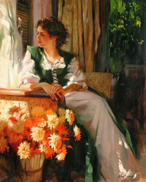 A Painting Of A Woman Sitting On A Chair With Flowers In Her Lap And