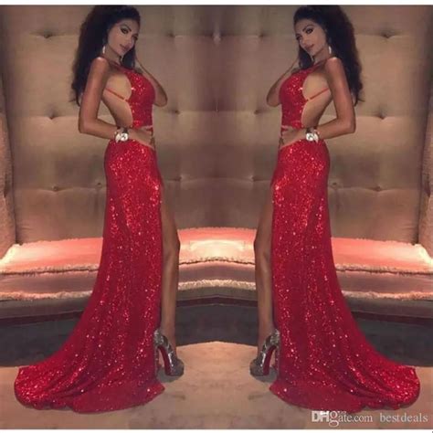 Sexy Red Sequins Prom Dresses Long 2018 Mermaid Thigh High Slits