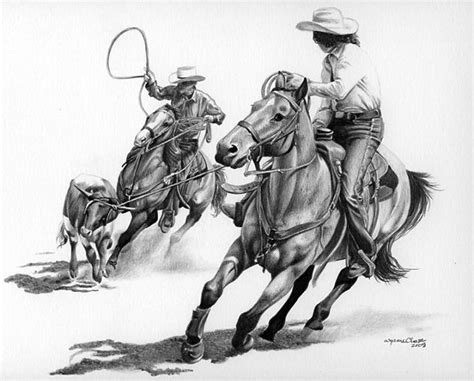 Pencil Drawing Of Two Men On Horses With Lassos