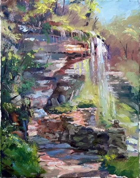 Oil Painting Landscape Trees Water Rocks Cliff Waterfall Pool Art