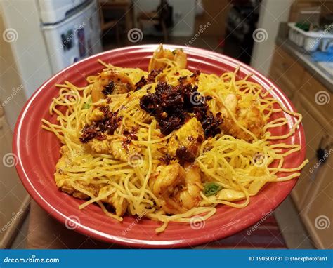 Spicy Chinese Noodles With Chili Sauce In Red Bowl Stock Image Image