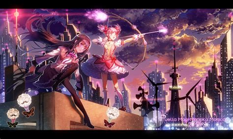 2girls akemi homura aliasing black hair blush bow bow weapon building butterfly city clouds