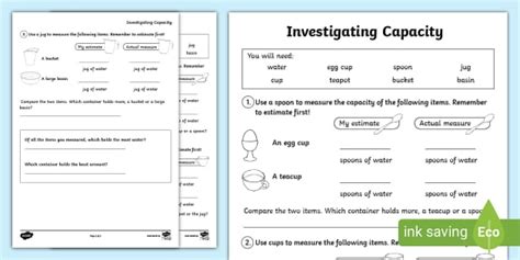 Estimating Measuring Capacity With Non Standard Units Activity Sheet