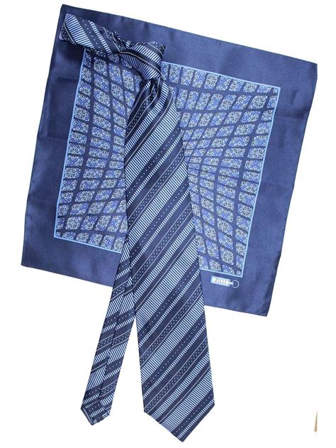 Zilli Silk Tie Pocket Square Set Navy Blue Stripes Tie And Pocket