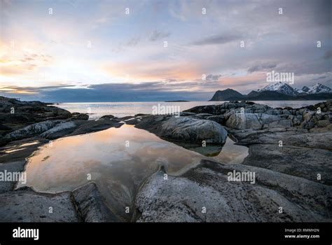 Coastal Sunset Sandnes Flakstad Lofoten Nordland Norway Stock