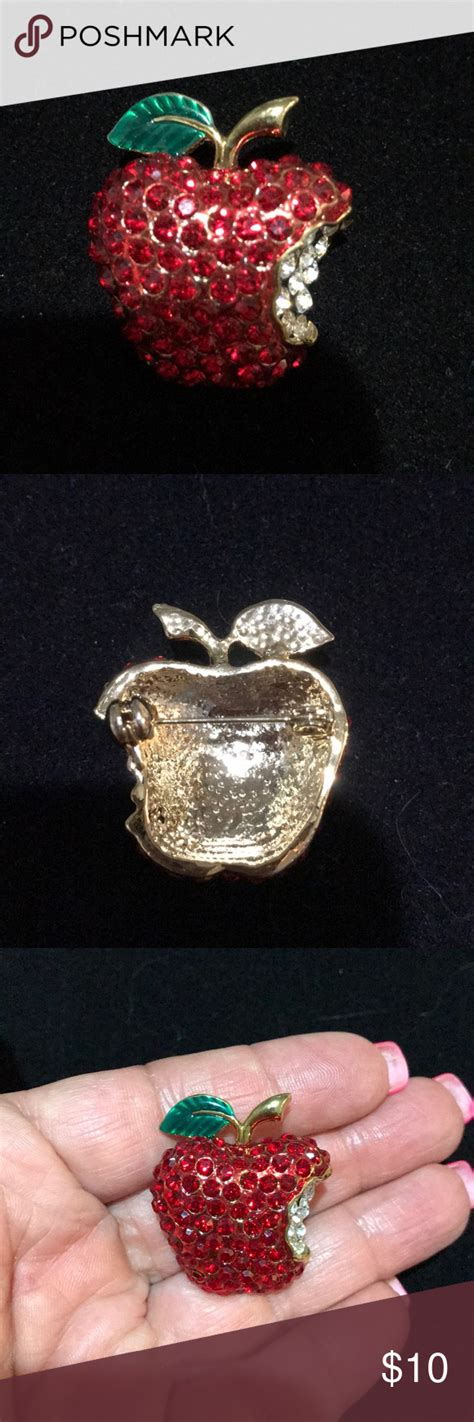 Gold Tone Rhinestone Apple Pin Gold Tone Metal Embellished With Colored
