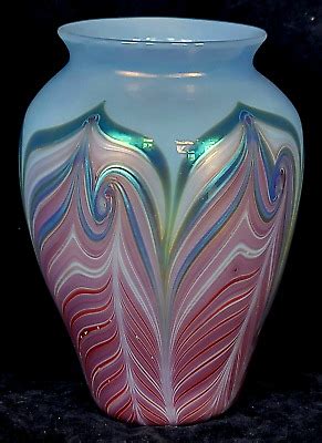 Pale Blue Zellique Studio Art Glass Vase Iridescent Pulled Feather