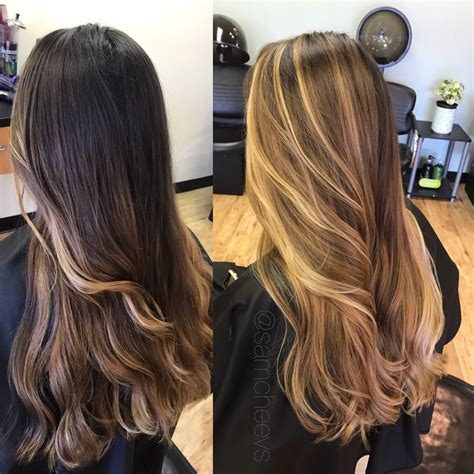 Before And After Transformation Dark Black Brown Roots To Light Honey Caramel Blonde Balayage