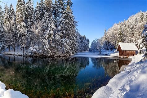 Nature House Reflection Winter Snow River Sky White