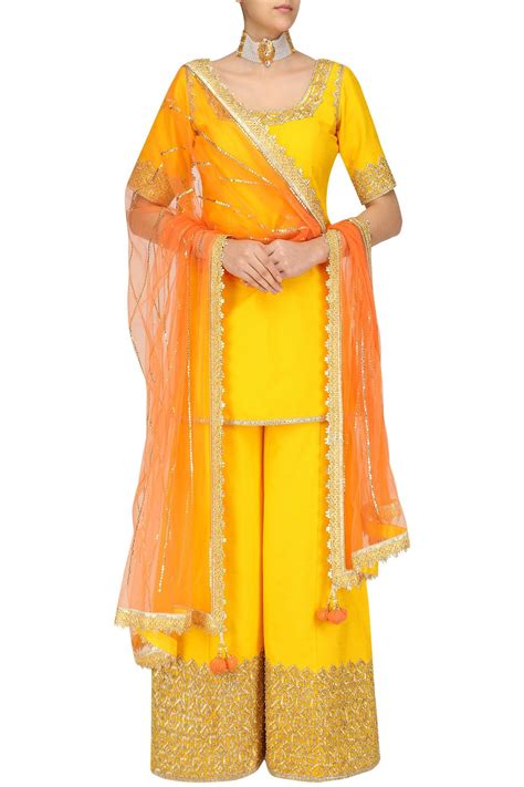 Yellow Short Kurti With Sharara By Designer Neha Saran Shopnow Perniaspopupshop Stylish