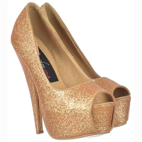 Shoekandi Gold Sparkly Glitter Peep Toe Stiletto Concealed Platform