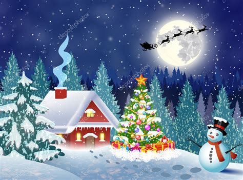 House In Snowy Christmas Landscape At Night Stock Vector Image By