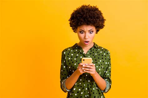 Omg Its Unbelievable Astonished Crazy Afro American Girl Use Smart Phone Read Social Media