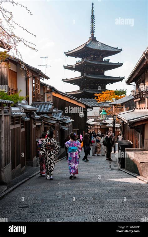 Pedestrian With Kimono Yasaka Dori Historical Street In The Old Town