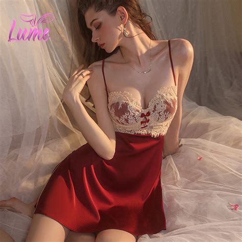 Plus Size Women Pajamas Sexy Lingerie Silk Satin Night Dress Lace