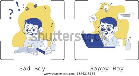 Online Study Happy Boy Sad Boy Stock Vector Royalty Free
