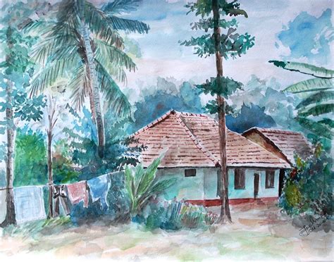 Kerala Village Home Colorful Drawings Watercolor Paintings