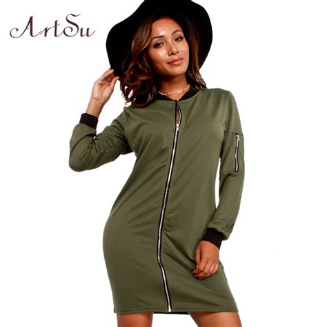 Artsu Women Casual Zipper Mini Dress Autumn Winter Slim Bodycon Fashion