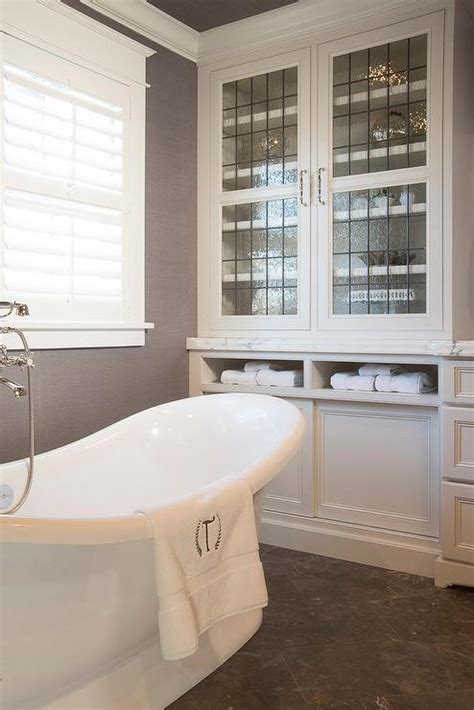 Led glass cabinets from providers of a luxury bathroom mirror cabinets. White and Gray Bathroom with Leaded Glass Cabinets ...