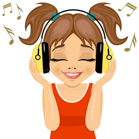 Little Cute Girl Enjoys Listening To Music With Headphones Stock Vector