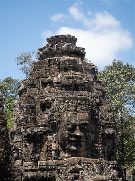 Close Up Of A Face Tower In The Bayon Temple Of Angkor Thom Stock Photo