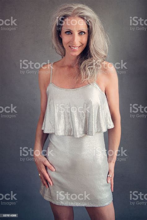 Aging Gracefully Beautiful Mature Woman With Silver Hair And Dress