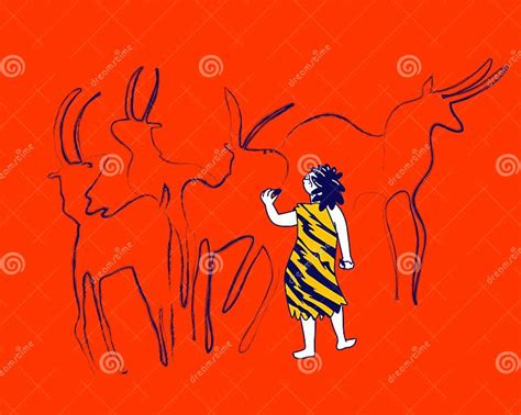 Little Child Caveman Character Wearing Pelt Painting Animals On Cave
