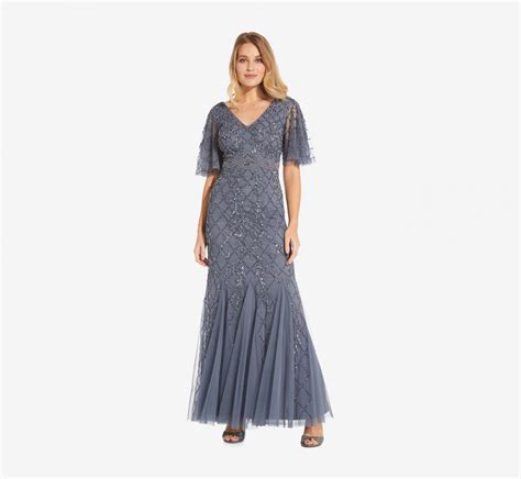Beaded Lattice Dress With Flutter Sleeves Dusty Blue Adrianna Papell