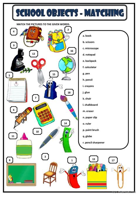 School Objects Matching English Esl Worksheets Pdf And Doc