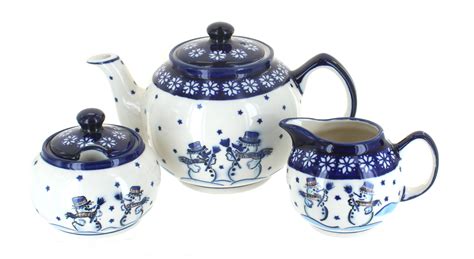 Price winchester 3 piece in box 4660213a in tin gift set : Blue Rose Polish Pottery | Frosty Friend 3 Piece Tea Set
