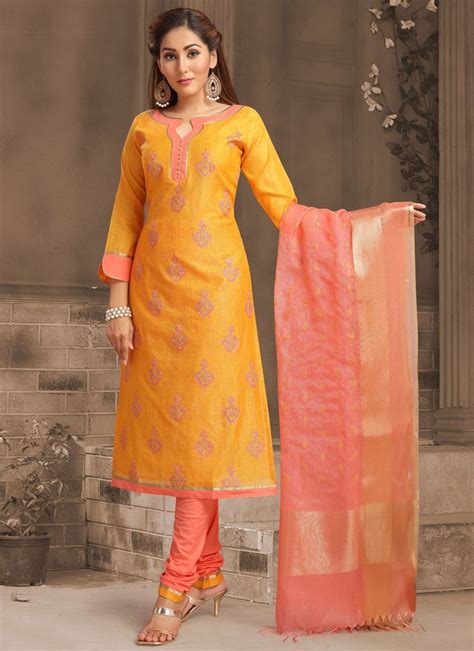 Orange Straight Banaras Slub Design Chudidar Orange Color Embroidery