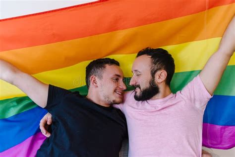 Two Homosexual Men Holding Lgbtq Flag Stock Image Image Of Loving