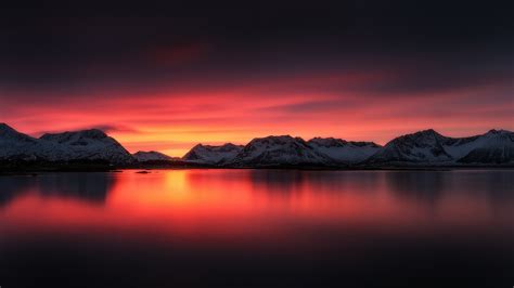 Wallpaper Beautiful Sunset Landscape Lake Red Sky Mountains Snow