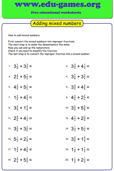 Addition Of Mixed Numbers With Like Denominators Worksheets