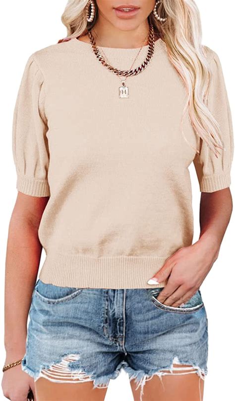 Murmurey Womens Puff Short Sleeve Sweater Tops Crewneck Basic Knit