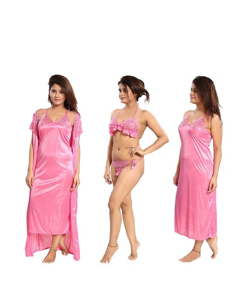 Romaisa Women`s Satin Nightwear Set Of 4 Pcs Nighty Wrap Gown Bra And Thong Size Small