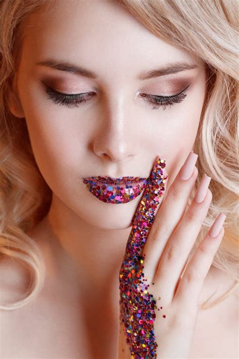 Close Up Portrait Of Beautiful Blondy Woman With Colorful Perfect Art