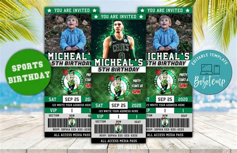 Editable Boston Celtics Party Ticket Invitation Instant Download
