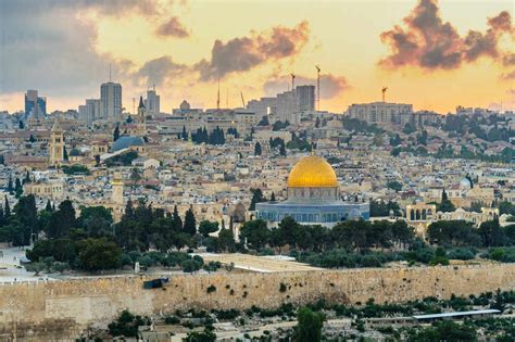 Jerusalem Skyline Dome Of The Rock And Buildings In Old City At Sunset