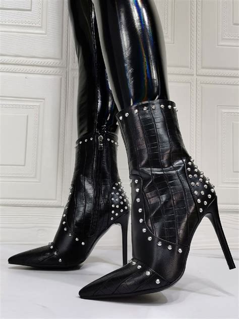Women Black Mid Calf Boots Pu Leather Pointed Toe Rivets Sky High