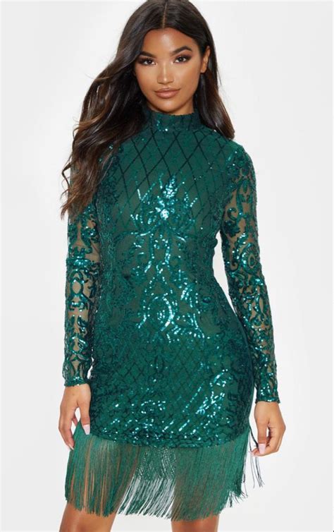 Emerald Green Sequin Long Sleeve Tassel Hem Bodycon Dress Prom Dresses Ball Gown Sparkly