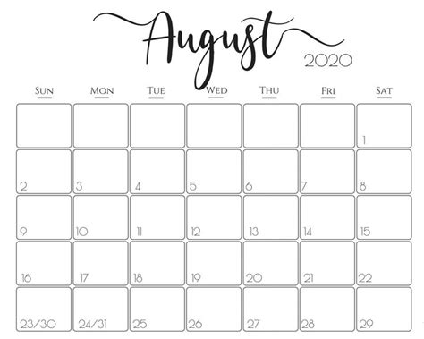 August Calendar 2020 Printable August Calendar Calendar Calendar Word