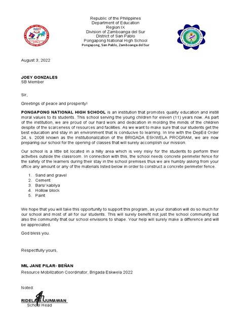 Brigada Eskwela Solicitation Letter Pdf