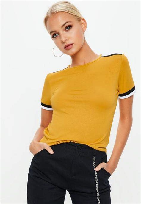 Mustard Yellow Striped Shoulder T Shirt Fashion Clothes Design